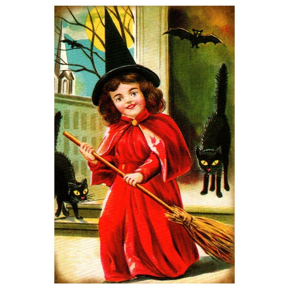 Vintage Style Halloween Witch Girl Black Cats Full Moon Postcard Chrome